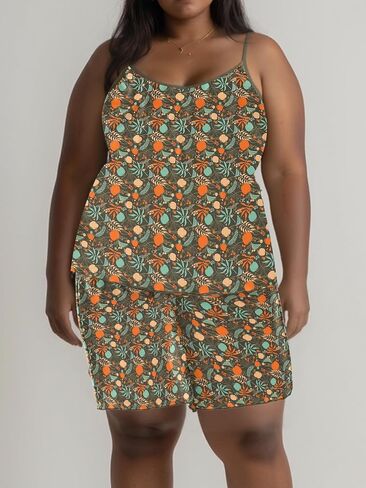 Pajamas for Women set Women's Olive Floral Pajama Set: Sleeveless Cami Top & Shorts Loungewear womens lounge sets. in Kuwait