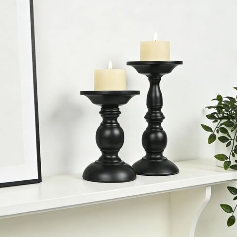 Earl Diamond Matte Black Pillar Candle Holders Set of 2, Vintage Iron Candle Holder for Table Centerpiece, Fireplace Decor, Dining and Living Room Decoration, Applicable to Pillar Candles in Saudi Arabia
