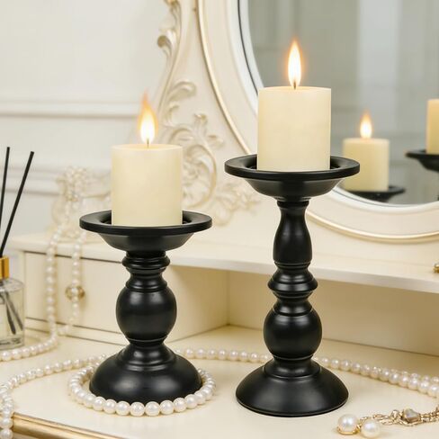 Earl Diamond Matte Black Pillar Candle Holders Set of 2, Vintage Iron Candle Holder for Table Centerpiece, Fireplace Decor, Dining and Living Room Decoration, Applicable to Pillar Candles in Saudi Arabia