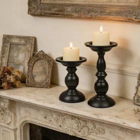 Earl Diamond Matte Black Pillar Candle Holders Set of 2, Vintage Iron Candle Holder for Table Centerpiece, Fireplace Decor, Dining and Living Room Decoration, Applicable to Pillar Candles in Saudi Arabia