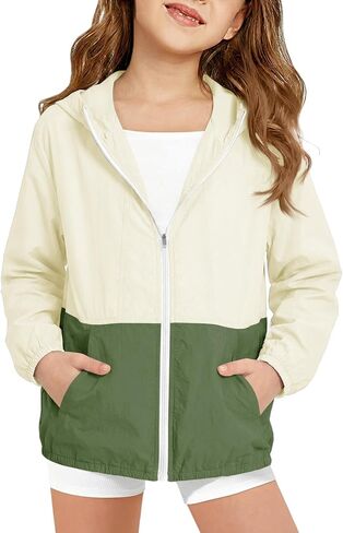 Haloumoning Girls Hooded Jacket Kids Lightweight Color Block Sun Protection Jackets 5-14 Years in Kuwait