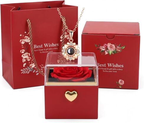 GUCHO Preserved Real Red Rose with I Love You Necklace in 100 Languages – Eternal Artificial Flower Gift for Women, Mom, Wife, Girlfriend, Grandma in Saudi Arabia