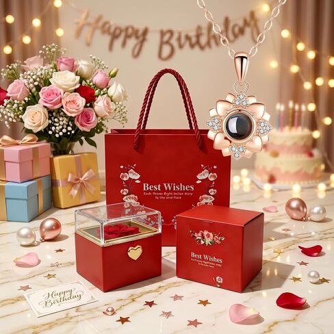 GUCHO Preserved Real Red Rose with I Love You Necklace in 100 Languages – Eternal Artificial Flower Gift for Women, Mom, Wife, Girlfriend, Grandma in Saudi Arabia