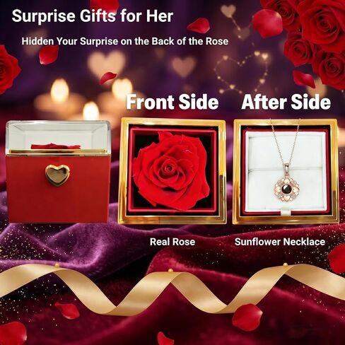 GUCHO Preserved Real Red Rose with I Love You Necklace in 100 Languages – Eternal Artificial Flower Gift for Women, Mom, Wife, Girlfriend, Grandma in Saudi Arabia