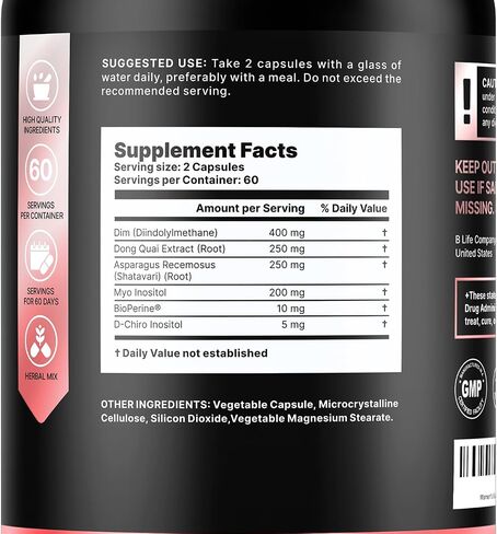 مكمل DIM من شركة B Life 400 مجم مع Myo & D-Chiro Inositol، Dong Quai - توازن الهرمونات للنساء - مكملات الخصوبة - مكمل Inositol - 240 كبسولة in Kuwait
