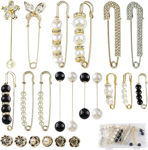 22 Pcs Pearl Brooch Pins for Women Costume Accessory, Retro Faux Crystal Clothing Clips Fashion Decoration Safety Pins for Sweater Shawl Collar Dress Shirt Jeans in Saudi Arabia