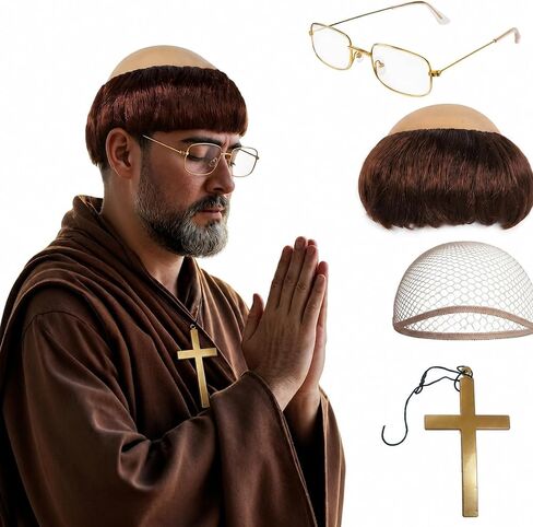 4-Piece Comedic Roleplay Accessories with Cross Necklace and Golden Frame Glasses, Funny Monk Costume Set, Perfect for Parties and Themed Events, Made from Quality Synthetic Fiber in Saudi Arabia