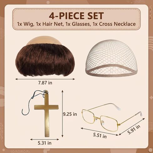 4-Piece Comedic Roleplay Accessories with Cross Necklace and Golden Frame Glasses, Funny Monk Costume Set, Perfect for Parties and Themed Events, Made from Quality Synthetic Fiber in Saudi Arabia