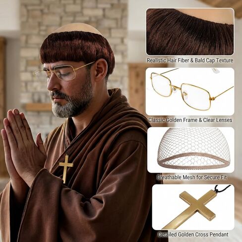 4-Piece Comedic Roleplay Accessories with Cross Necklace and Golden Frame Glasses, Funny Monk Costume Set, Perfect for Parties and Themed Events, Made from Quality Synthetic Fiber in Saudi Arabia