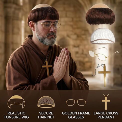 4-Piece Comedic Roleplay Accessories with Cross Necklace and Golden Frame Glasses, Funny Monk Costume Set, Perfect for Parties and Themed Events, Made from Quality Synthetic Fiber in Saudi Arabia