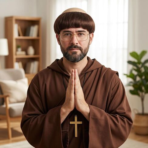 4-Piece Comedic Roleplay Accessories with Cross Necklace and Golden Frame Glasses, Funny Monk Costume Set, Perfect for Parties and Themed Events, Made from Quality Synthetic Fiber in Saudi Arabia