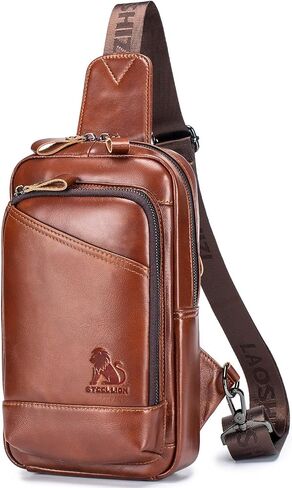 Leather Crossbody Bag for Men, Genuine Cowhide Chest Bag, Large Capacity Men's Sling Bag with Card and Pen Slots in Saudi Arabia