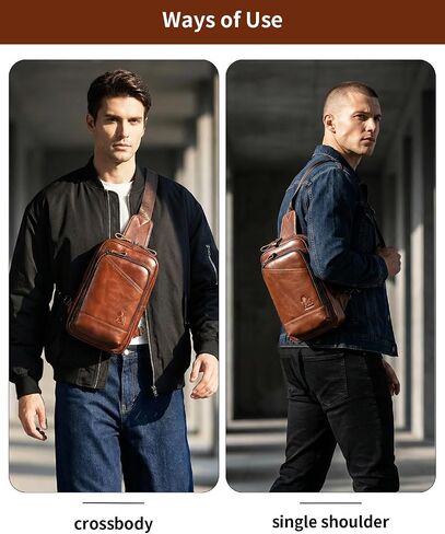 Leather Crossbody Bag for Men, Genuine Cowhide Chest Bag, Large Capacity Men's Sling Bag with Card and Pen Slots in Saudi Arabia