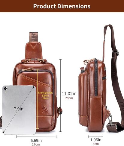 Leather Crossbody Bag for Men, Genuine Cowhide Chest Bag, Large Capacity Men's Sling Bag with Card and Pen Slots in Saudi Arabia