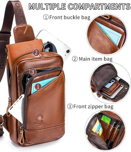 Leather Crossbody Bag for Men, Genuine Cowhide Chest Bag, Large Capacity Men's Sling Bag with Card and Pen Slots in Saudi Arabia