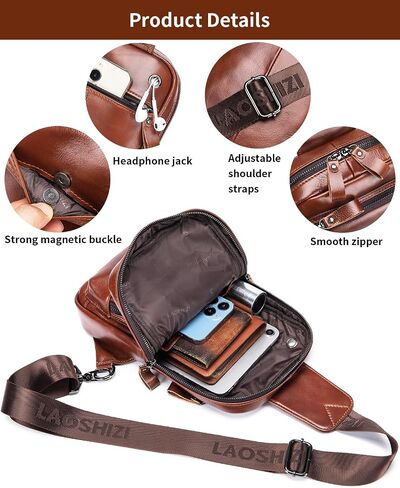 Leather Crossbody Bag for Men, Genuine Cowhide Chest Bag, Large Capacity Men's Sling Bag with Card and Pen Slots in Saudi Arabia