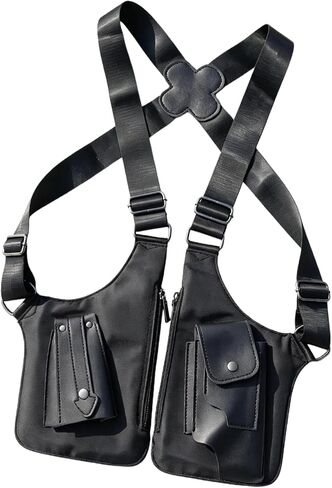 Double Shoulder Armpit Bag for Men - Water-Resistant Underarm Shoulder Bags with Adjustable Straps, Black Vintage PU Leather Holster Bags, Secure Chest Sling for Travel, Hiking & Everyday Carry​ in Saudi Arabia