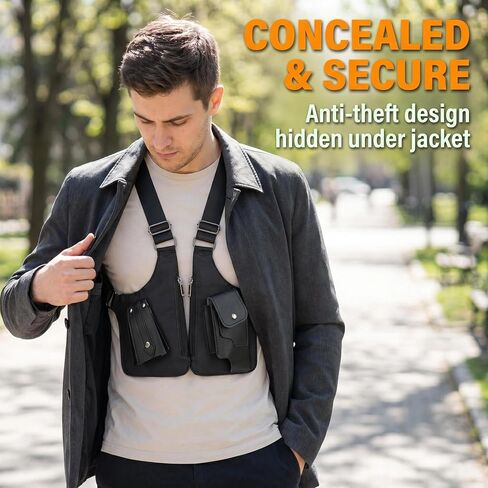 Double Shoulder Armpit Bag for Men - Water-Resistant Underarm Shoulder Bags with Adjustable Straps, Black Vintage PU Leather Holster Bags, Secure Chest Sling for Travel, Hiking & Everyday Carry​ in Saudi Arabia
