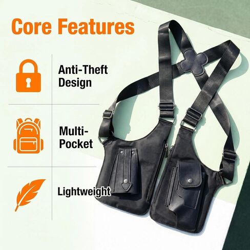Double Shoulder Armpit Bag for Men - Water-Resistant Underarm Shoulder Bags with Adjustable Straps, Black Vintage PU Leather Holster Bags, Secure Chest Sling for Travel, Hiking & Everyday Carry​ in Saudi Arabia