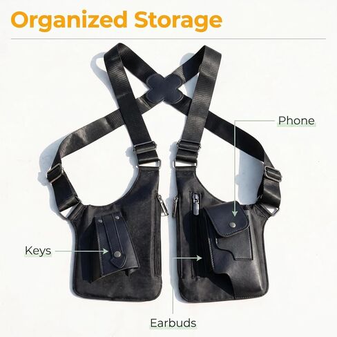 Double Shoulder Armpit Bag for Men - Water-Resistant Underarm Shoulder Bags with Adjustable Straps, Black Vintage PU Leather Holster Bags, Secure Chest Sling for Travel, Hiking & Everyday Carry​ in Saudi Arabia