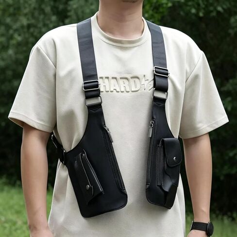 Double Shoulder Armpit Bag for Men - Water-Resistant Underarm Shoulder Bags with Adjustable Straps, Black Vintage PU Leather Holster Bags, Secure Chest Sling for Travel, Hiking & Everyday Carry​ in Saudi Arabia