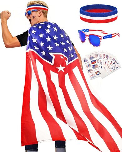 250 Year Wearable American Flag Cape Costume Set 250th Anniversary Merchandise with Sunglasses, Headband & Tattoos in Saudi Arabia