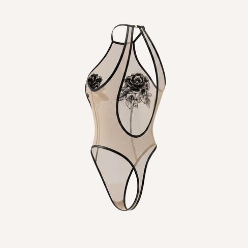 Sheer Mesh Halter Teddy Lingerie with Rose Applique, Black Bodysuit, One Piece Intimate Apparel in Saudi Arabia