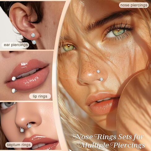 ONESING 18G Horseshoe Nose Rings for Women Stianless Steel Double Gem Nose Rings Hoops Silver/Gold Cartilage Helix Tragus Horse shoe Nose Jewelry Hypoallergenic Nostril Piercing Jewelry for Women Men with Piercing Ball Grabber Tool in Kuwait