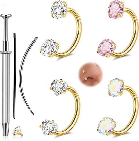 ONESING 18G Horseshoe Nose Rings for Women Stianless Steel Double Gem Nose Rings Hoops Silver/Gold Cartilage Helix Tragus Horse shoe Nose Jewelry Hypoallergenic Nostril Piercing Jewelry for Women Men with Piercing Ball Grabber Tool in Kuwait