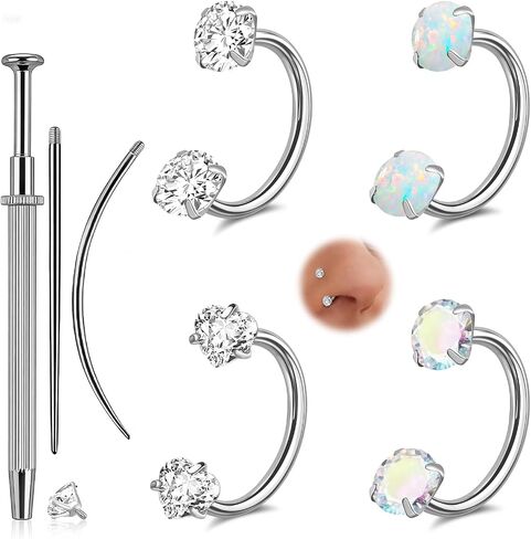 ONESING 18G Horseshoe Nose Rings for Women Stianless Steel Double Gem Nose Rings Hoops Silver/Gold Cartilage Helix Tragus Horse shoe Nose Jewelry Hypoallergenic Nostril Piercing Jewelry for Women Men with Piercing Ball Grabber Tool in Kuwait
