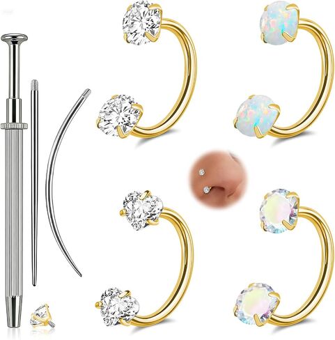 ONESING 18G Horseshoe Nose Rings for Women Stianless Steel Double Gem Nose Rings Hoops Silver/Gold Cartilage Helix Tragus Horse shoe Nose Jewelry Hypoallergenic Nostril Piercing Jewelry for Women Men with Piercing Ball Grabber Tool in Kuwait