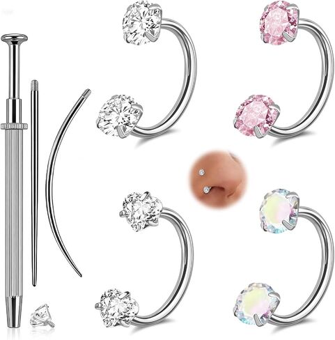 ONESING 18G Horseshoe Nose Rings for Women Stianless Steel Double Gem Nose Rings Hoops Silver/Gold Cartilage Helix Tragus Horse shoe Nose Jewelry Hypoallergenic Nostril Piercing Jewelry for Women Men with Piercing Ball Grabber Tool in Kuwait