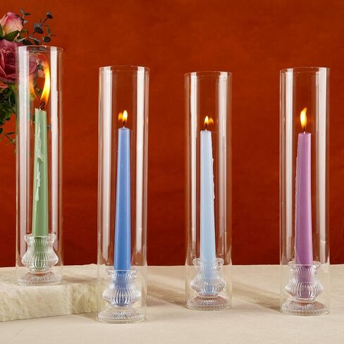 Hurricane Glass Candle Holders 10Pcs Fluted Candlestick Holders for Taper Candles with Cylinder Covers Crystal Candle Sticks Holder Decor for Wedding Birthday Christmas Table Decoration in Saudi Arabia