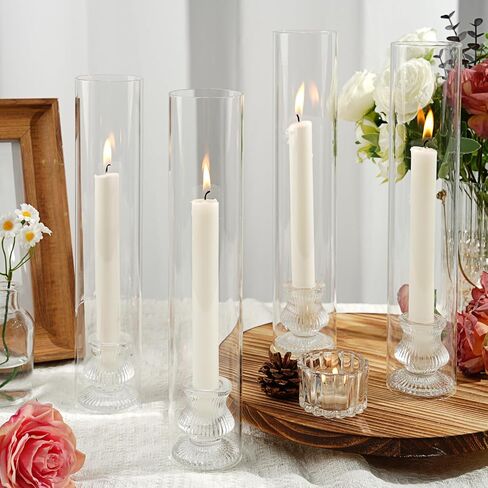 Hurricane Glass Candle Holders 10Pcs Fluted Candlestick Holders for Taper Candles with Cylinder Covers Crystal Candle Sticks Holder Decor for Wedding Birthday Christmas Table Decoration in Saudi Arabia