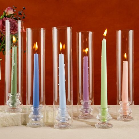 Hurricane Glass Candle Holders 10Pcs Fluted Candlestick Holders for Taper Candles with Cylinder Covers Crystal Candle Sticks Holder Decor for Wedding Birthday Christmas Table Decoration in Saudi Arabia