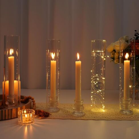 Hurricane Glass Candle Holders 10Pcs Fluted Candlestick Holders for Taper Candles with Cylinder Covers Crystal Candle Sticks Holder Decor for Wedding Birthday Christmas Table Decoration in Saudi Arabia