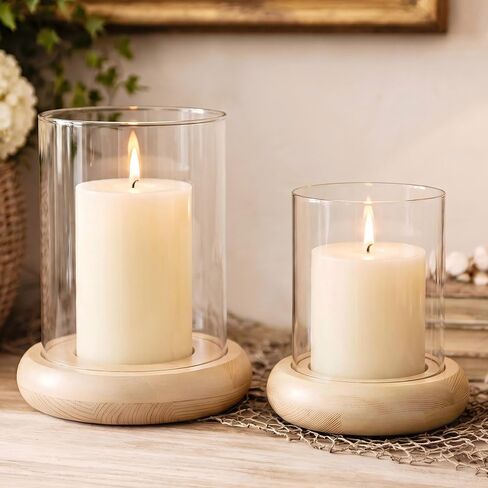 Set of 2 Hurricane Glass Candle Holders with Natural Brown Wood Base Decorative Candle Lantern, Farmhouse Rustic Boho Table Centerpieces Decor for Living Room, Outdoor Home Decor in Saudi Arabia