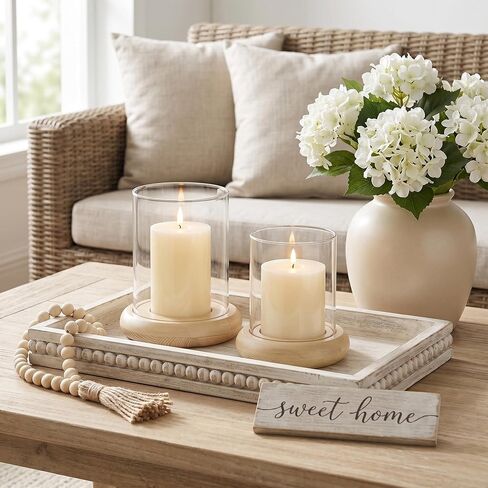 Set of 2 Hurricane Glass Candle Holders with Natural Brown Wood Base Decorative Candle Lantern, Farmhouse Rustic Boho Table Centerpieces Decor for Living Room, Outdoor Home Decor in Saudi Arabia