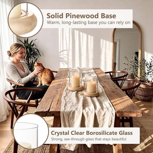 Set of 2 Hurricane Glass Candle Holders with Natural Brown Wood Base Decorative Candle Lantern, Farmhouse Rustic Boho Table Centerpieces Decor for Living Room, Outdoor Home Decor in Saudi Arabia