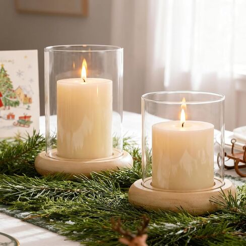 Set of 2 Hurricane Glass Candle Holders with Natural Brown Wood Base Decorative Candle Lantern, Farmhouse Rustic Boho Table Centerpieces Decor for Living Room, Outdoor Home Decor in Saudi Arabia