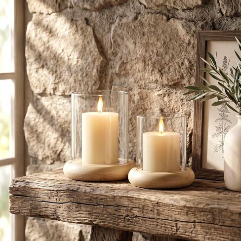 Set of 2 Hurricane Glass Candle Holders with Natural Brown Wood Base Decorative Candle Lantern, Farmhouse Rustic Boho Table Centerpieces Decor for Living Room, Outdoor Home Decor in Saudi Arabia