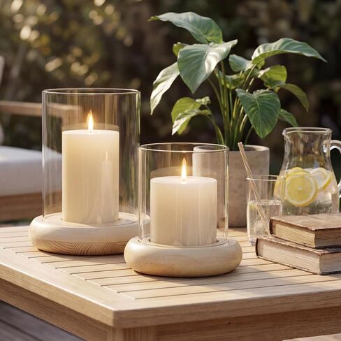 Set of 2 Hurricane Glass Candle Holders with Natural Brown Wood Base Decorative Candle Lantern, Farmhouse Rustic Boho Table Centerpieces Decor for Living Room, Outdoor Home Decor in Saudi Arabia