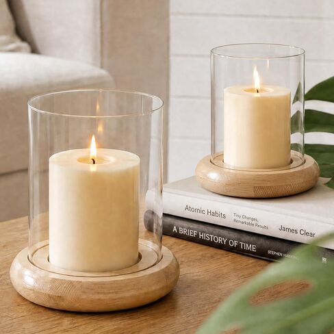 Set of 2 Hurricane Glass Candle Holders with Natural Brown Wood Base Decorative Candle Lantern, Farmhouse Rustic Boho Table Centerpieces Decor for Living Room, Outdoor Home Decor in Saudi Arabia