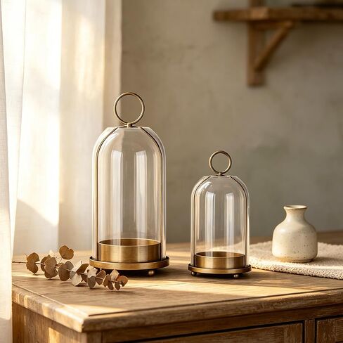 Hurricane Bell Jar Candle Holder Clear Dome Cover Holders with Iron Base Set of 2 Vintage Pillar Glass Candles Cloche for Tabletop Centerpieces or Hanging (1, Gold) in Kuwait