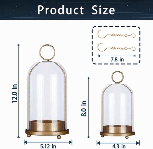 Hurricane Bell Jar Candle Holder Clear Dome Cover Holders with Iron Base Set of 2 Vintage Pillar Glass Candles Cloche for Tabletop Centerpieces or Hanging (1, Gold) in Kuwait