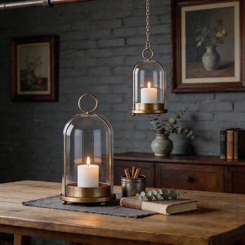 Hurricane Bell Jar Candle Holder Clear Dome Cover Holders with Iron Base Set of 2 Vintage Pillar Glass Candles Cloche for Tabletop Centerpieces or Hanging (1, Gold) in Kuwait