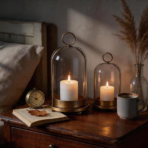 Hurricane Bell Jar Candle Holder Clear Dome Cover Holders with Iron Base Set of 2 Vintage Pillar Glass Candles Cloche for Tabletop Centerpieces or Hanging (1, Gold) in Kuwait