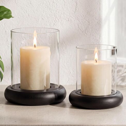 Set of 2 Hurricane Glass Candle Holders with Natural Brown Wood Base Decorative Candle Lantern, Farmhouse Rustic Boho Table Centerpieces Decor for Living Room, Outdoor Home Decor in Saudi Arabia