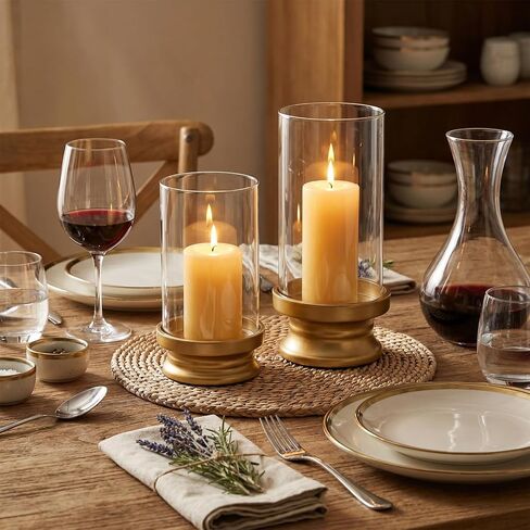 Gold Hurricane Candle Holders Set of 2 with Glass - Modern Pillar Candle Stands for Fireplace Mantel, Dining Table Centerpiece & Home Decor, 7.1" & 9" High in Saudi Arabia