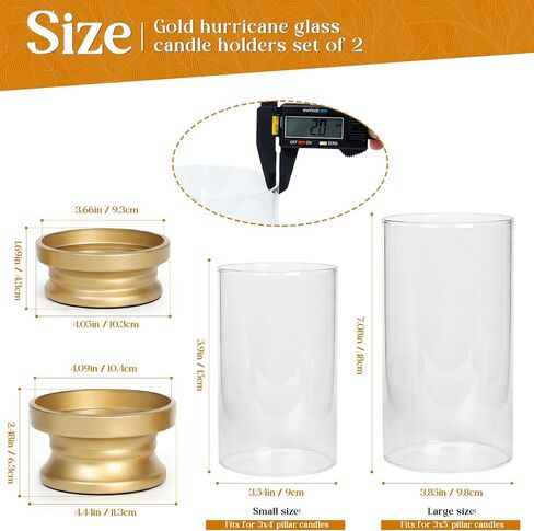Gold Hurricane Candle Holders Set of 2 with Glass - Modern Pillar Candle Stands for Fireplace Mantel, Dining Table Centerpiece & Home Decor, 7.1" & 9" High in Saudi Arabia